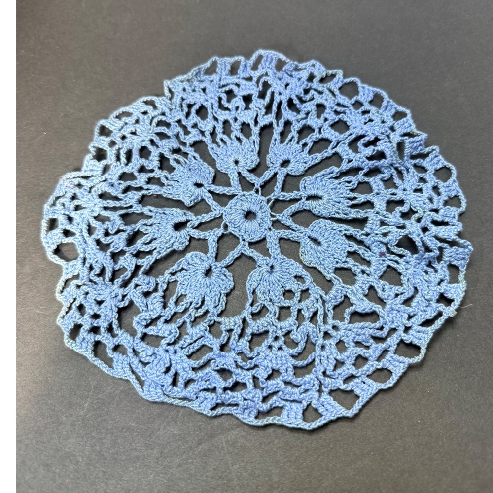 Vintage Light Blue Crochet Doily Handmade Lace Round Floral Table Topper 7.5"